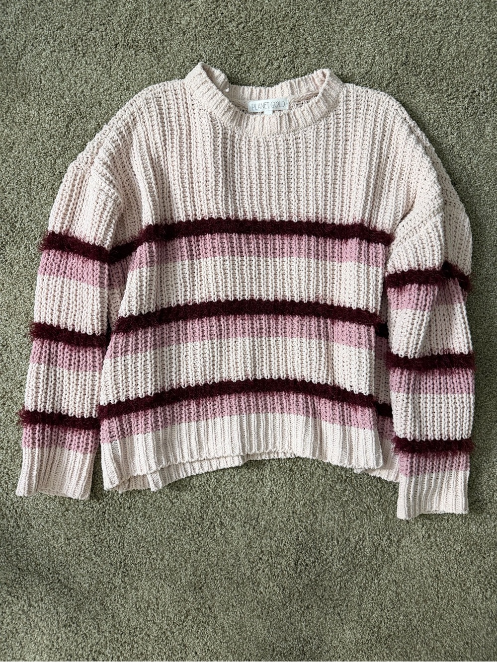 Planet Gold Cream Sweater with Pink and Burgundy Stripes